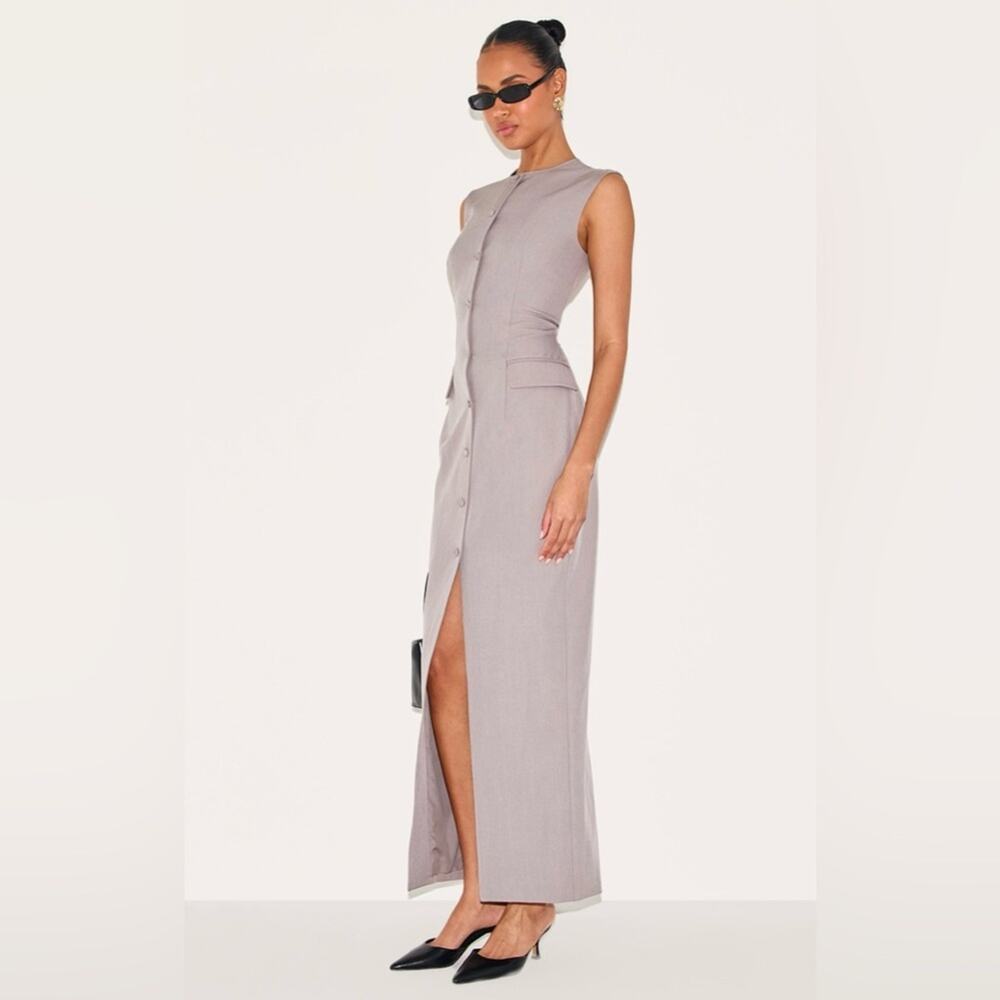 Pretty Little Thing Woven Button Maxi Dress | NWT | Grey US Size 6 - Spring Edit